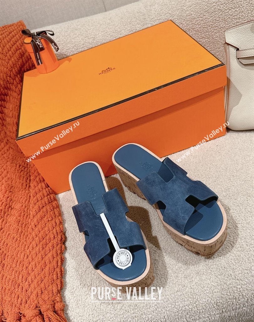 Hermes Eze 30 Platform Slide Sandals in Suede Blue 2024 (MD-240104022)