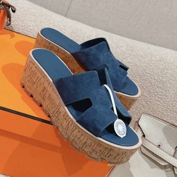 Hermes Eze 30 Platform Slide Sandals in Suede Blue 2024 (MD-240104022)