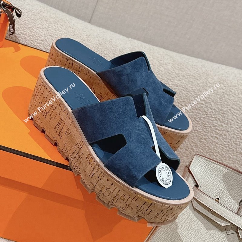 Hermes Eze 30 Platform Slide Sandals in Suede Blue 2024 (MD-240104022)