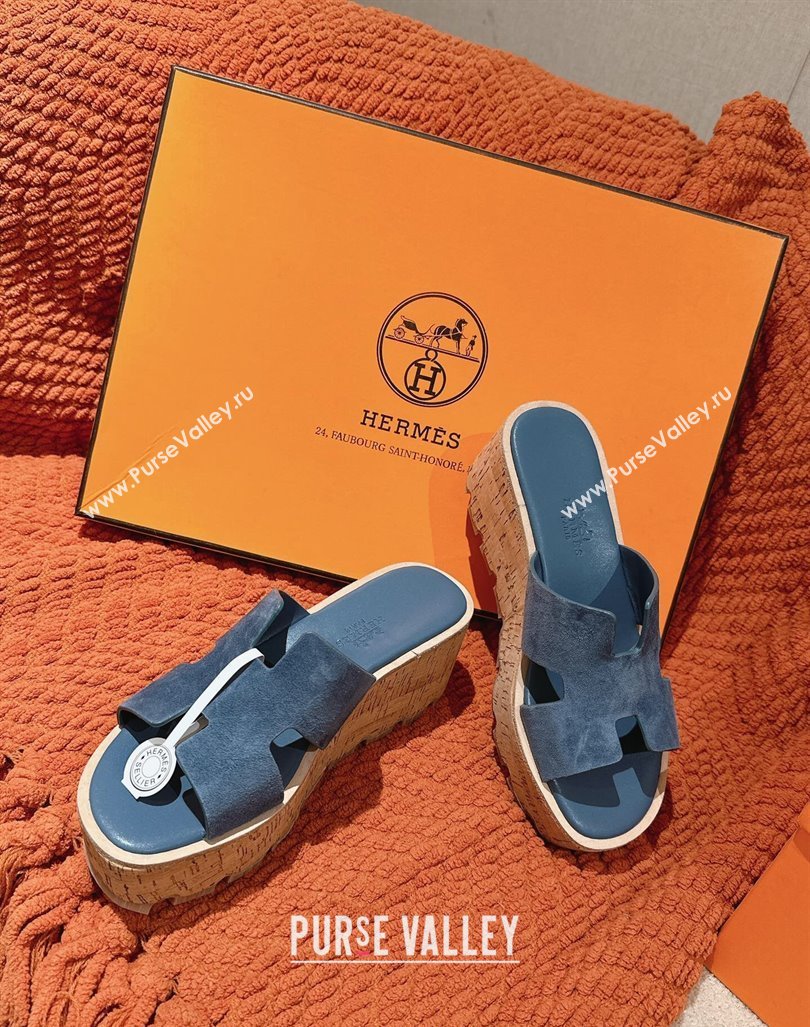 Hermes Eze 30 Platform Slide Sandals in Suede Blue 2024 (MD-240104022)