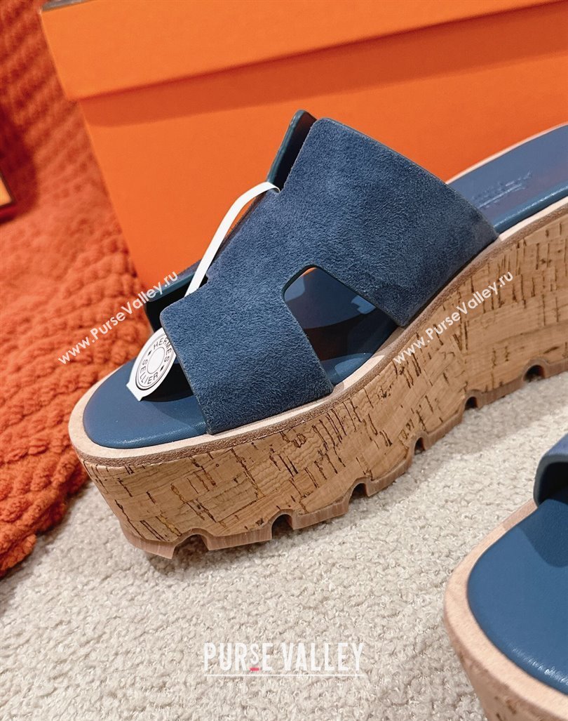 Hermes Eze 30 Platform Slide Sandals in Suede Blue 2024 (MD-240104022)