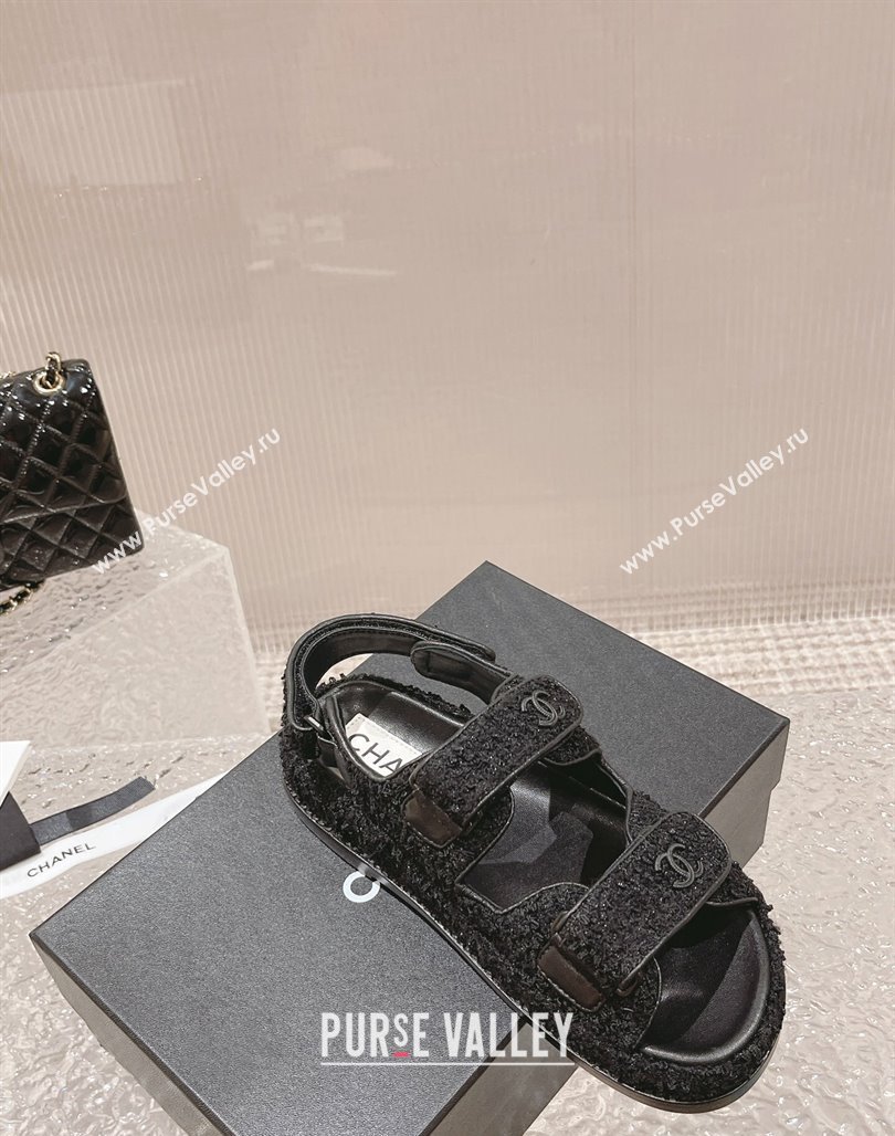Chanel Tweed Calfskin Strap Flat Sandals All Black 2023 0108 (MD-240108041)