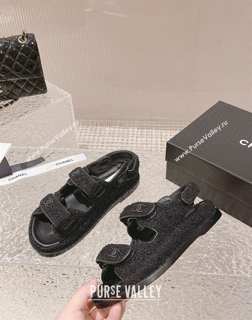 Chanel Tweed Calfskin Strap Flat Sandals All Black 2023 0108 (MD-240108041)