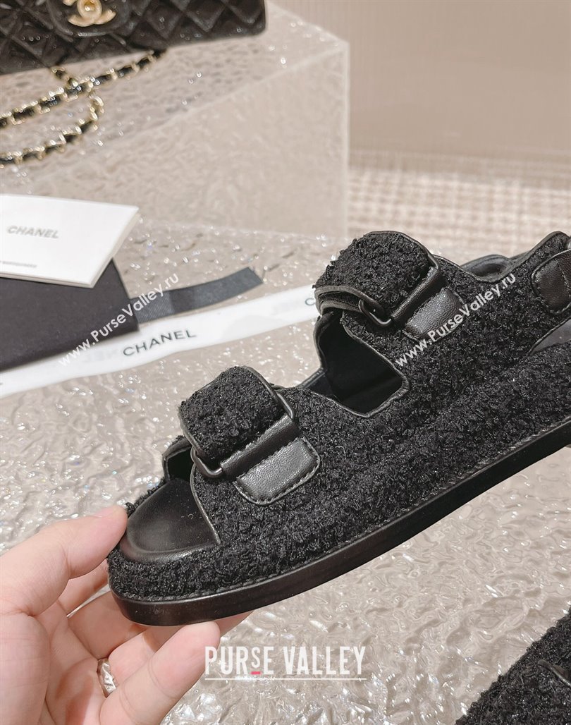 Chanel Tweed Calfskin Strap Flat Sandals All Black 2023 0108 (MD-240108041)