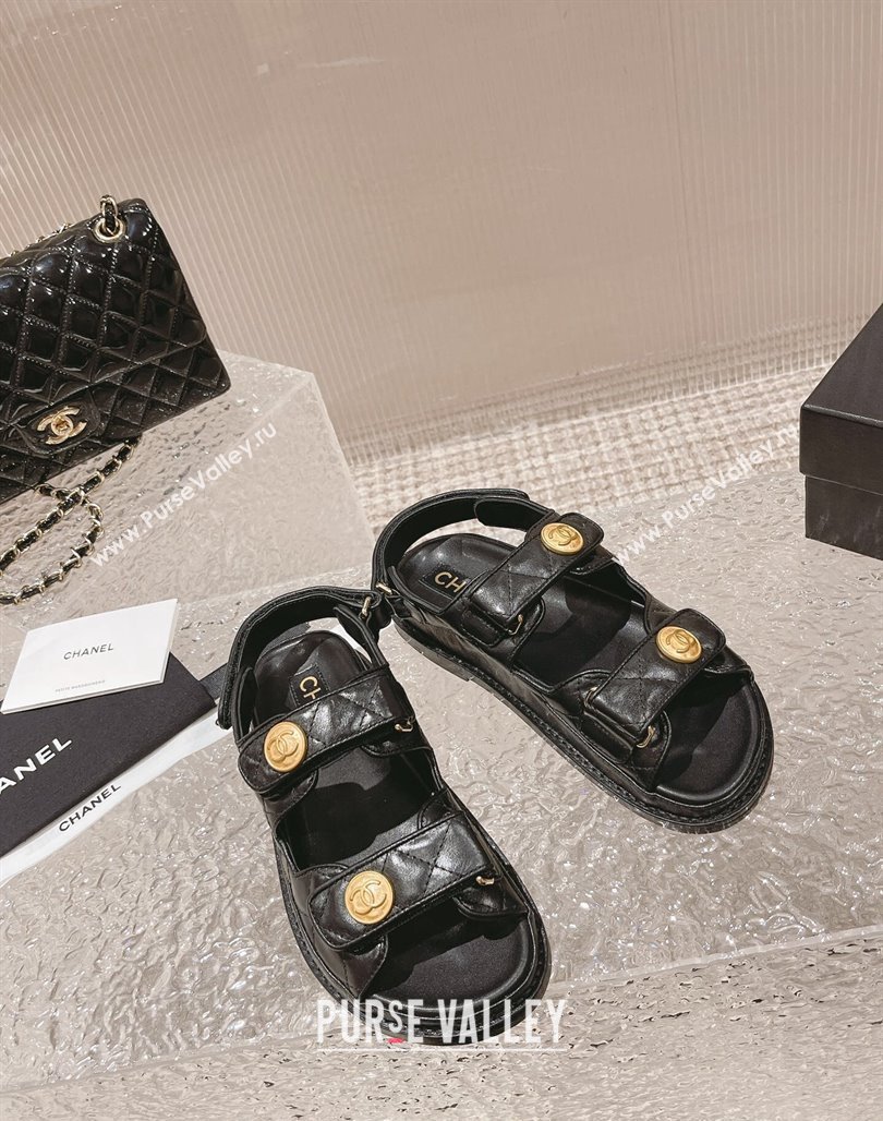 Chanel Shiny Calfskin Flat Sandals Black 2023 0108 (MD-240108042)