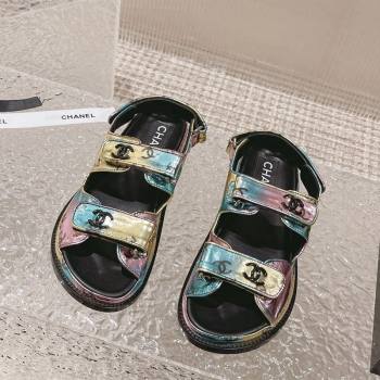 Chanel CC Printed Metallic Leather Strap Flat Sandals Multi 2023 0108 (MD-240108045)