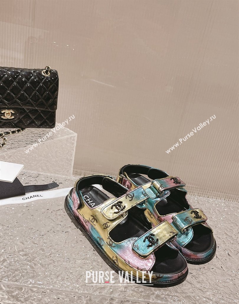 Chanel CC Printed Metallic Leather Strap Flat Sandals Multi 2023 0108 (MD-240108045)
