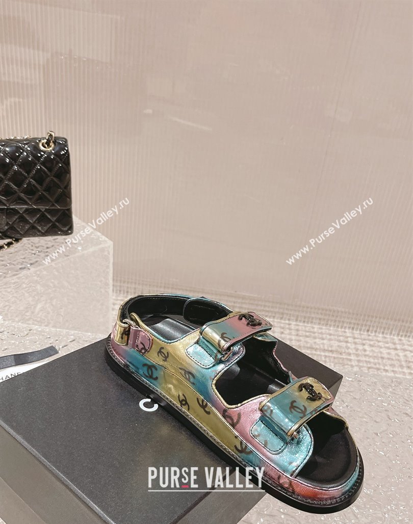Chanel CC Printed Metallic Leather Strap Flat Sandals Multi 2023 0108 (MD-240108045)