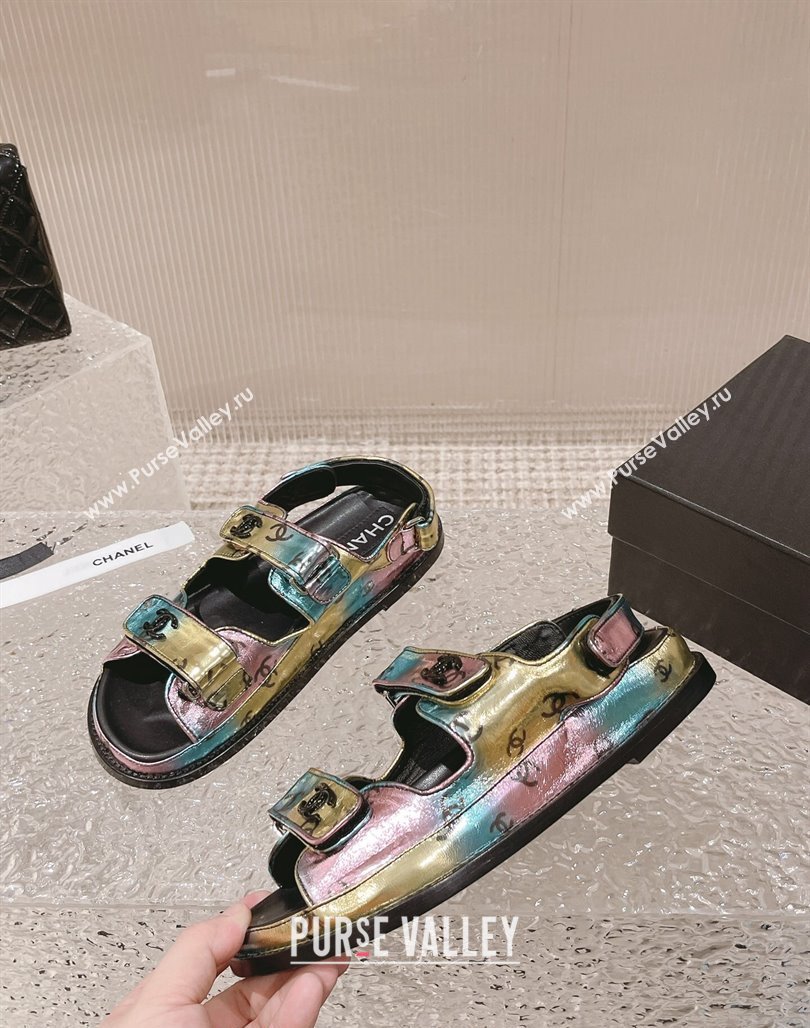 Chanel CC Printed Metallic Leather Strap Flat Sandals Multi 2023 0108 (MD-240108045)