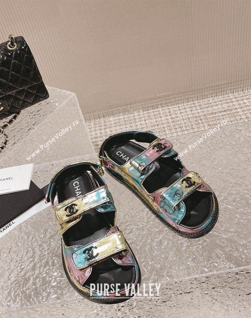 Chanel CC Printed Metallic Leather Strap Flat Sandals Multi 2023 0108 (MD-240108045)