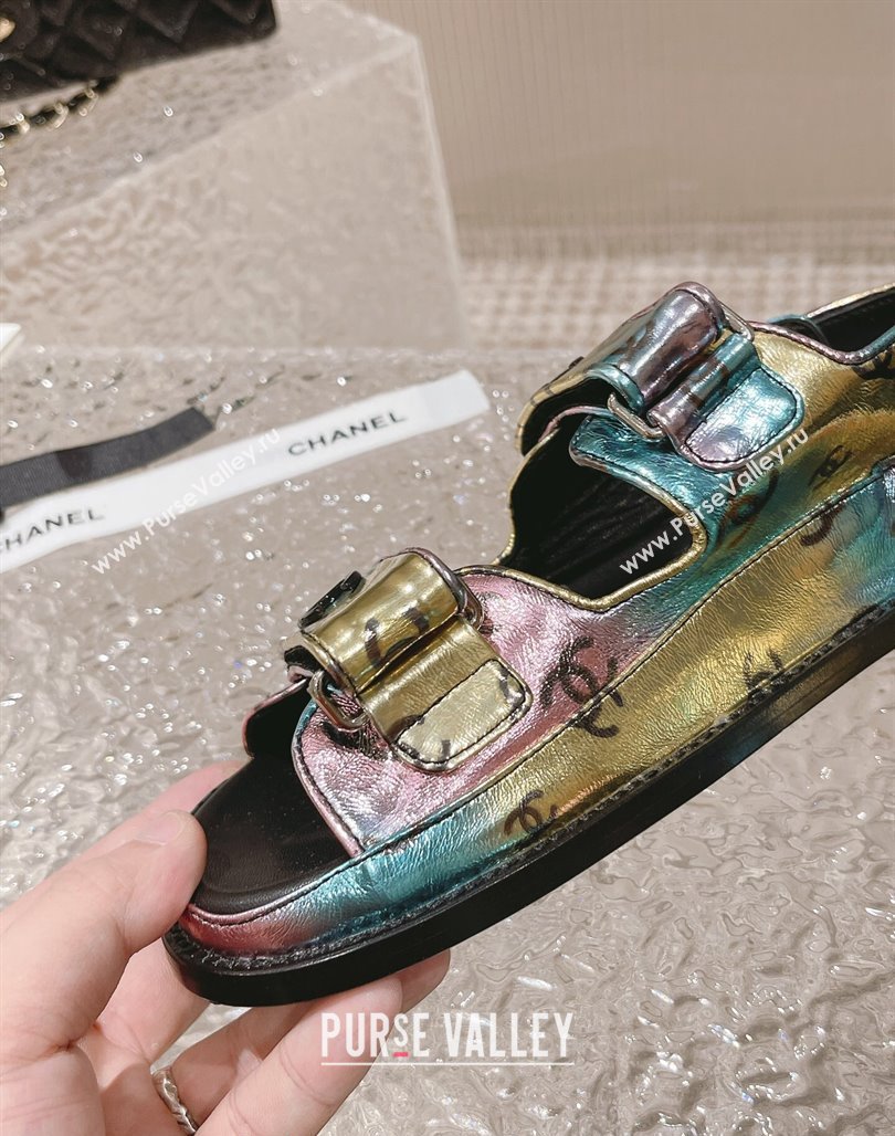 Chanel CC Printed Metallic Leather Strap Flat Sandals Multi 2023 0108 (MD-240108045)
