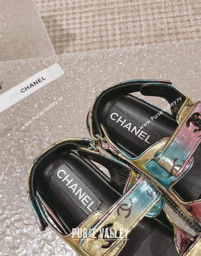 Chanel CC Printed Metallic Leather Strap Flat Sandals Multi 2023 0108 (MD-240108045)