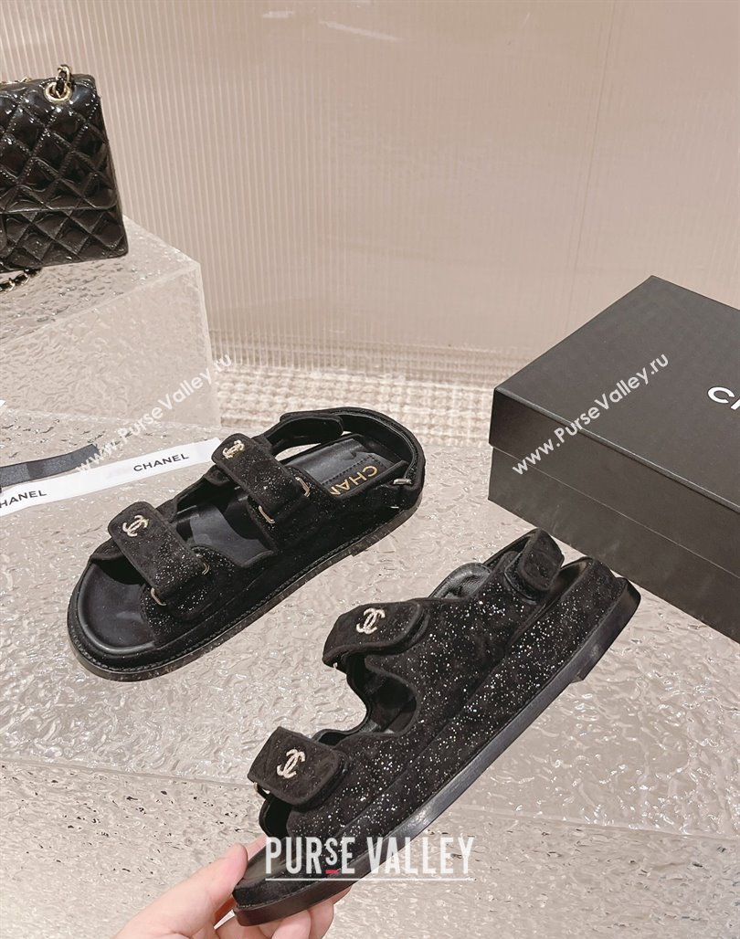 Chanel Suede Sequins Strap Flat Sandals Black 2023 0108 (MD-240108046)