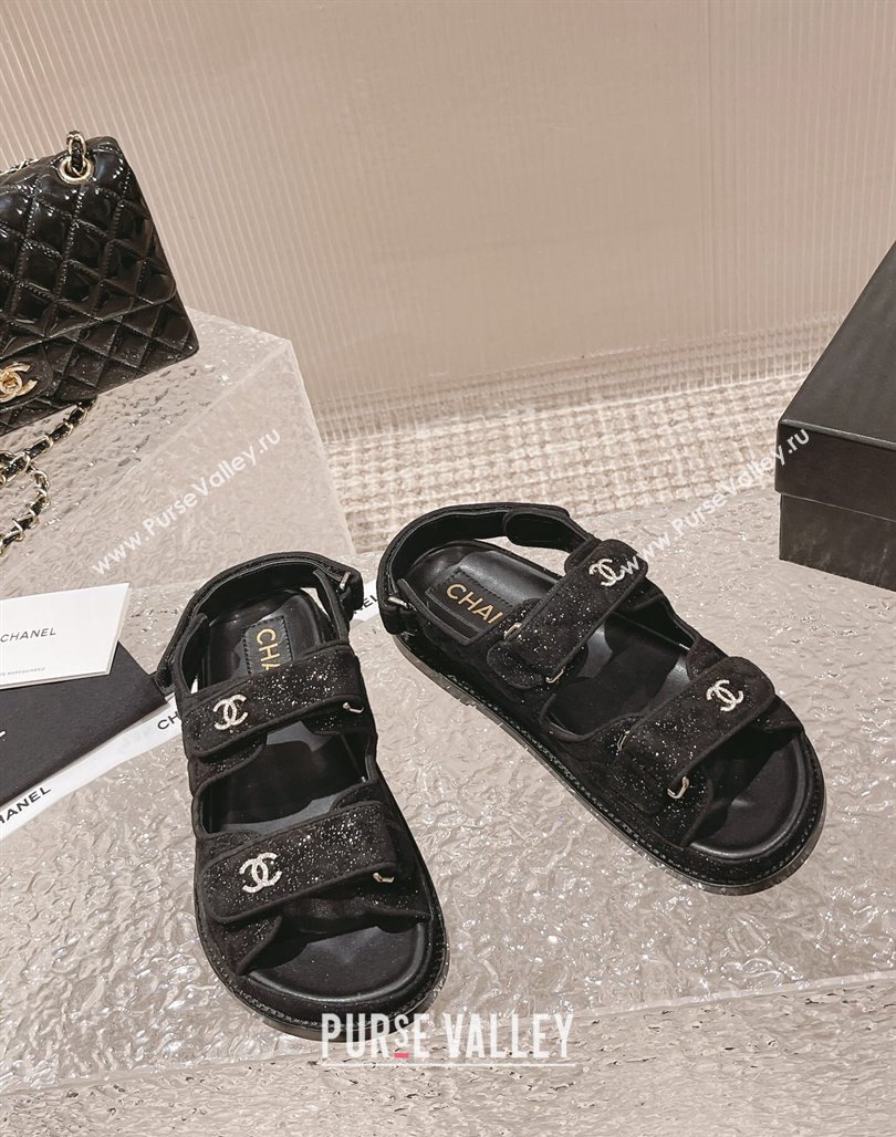 Chanel Suede Sequins Strap Flat Sandals Black 2023 0108 (MD-240108046)