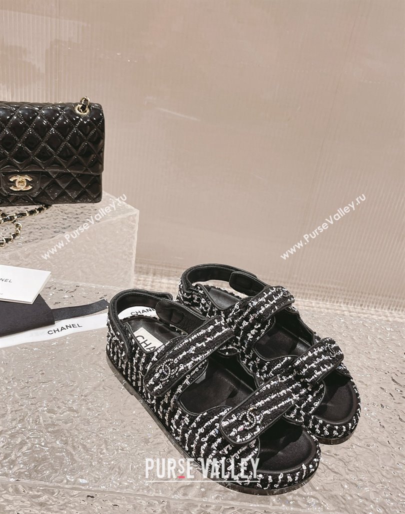 Chanel Tweed Strap Flat Sandals White/Black 2023 0108 (MD-240108047)
