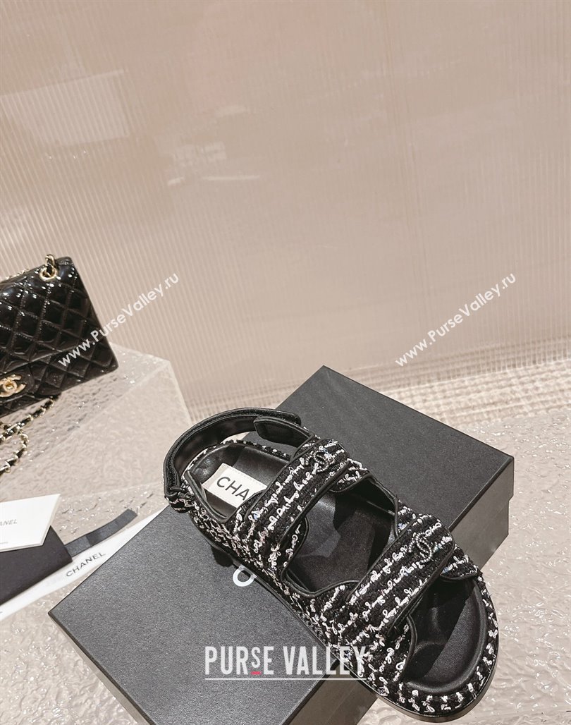 Chanel Tweed Strap Flat Sandals White/Black 2023 0108 (MD-240108047)