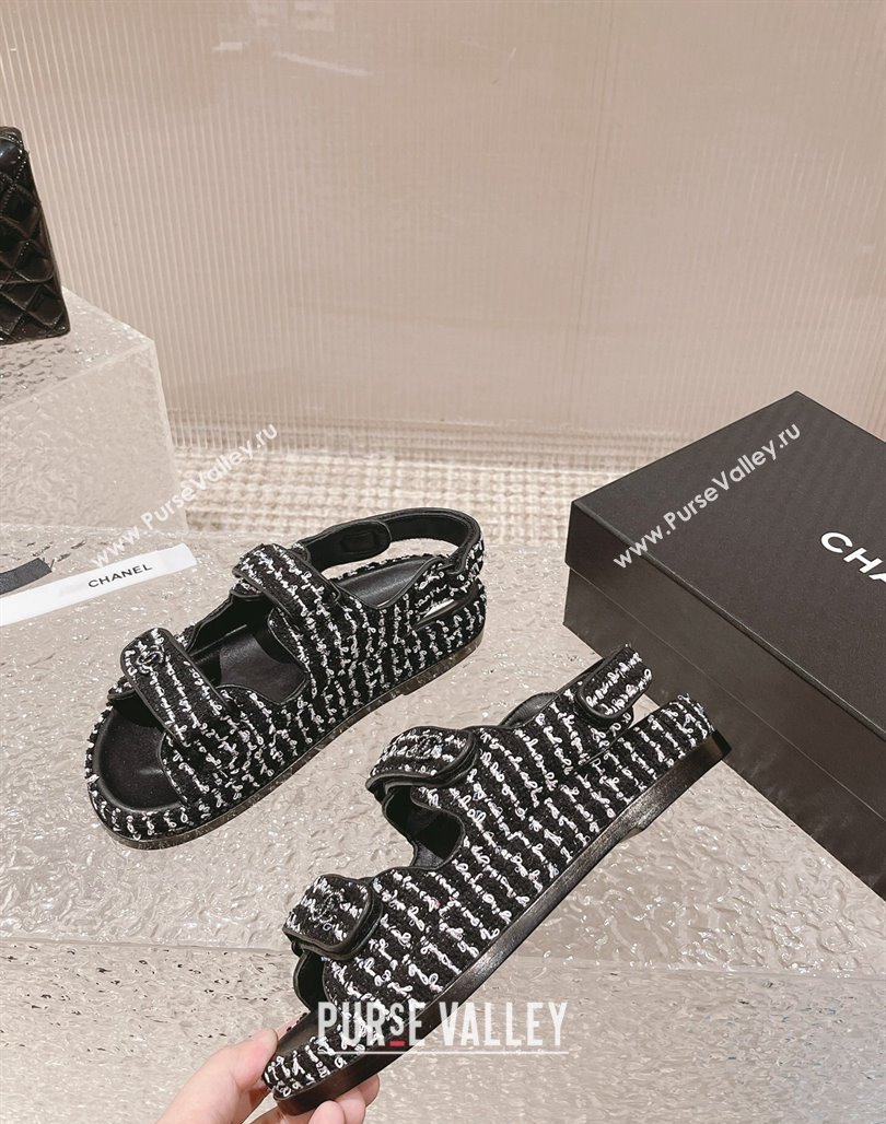 Chanel Tweed Strap Flat Sandals White/Black 2023 0108 (MD-240108047)