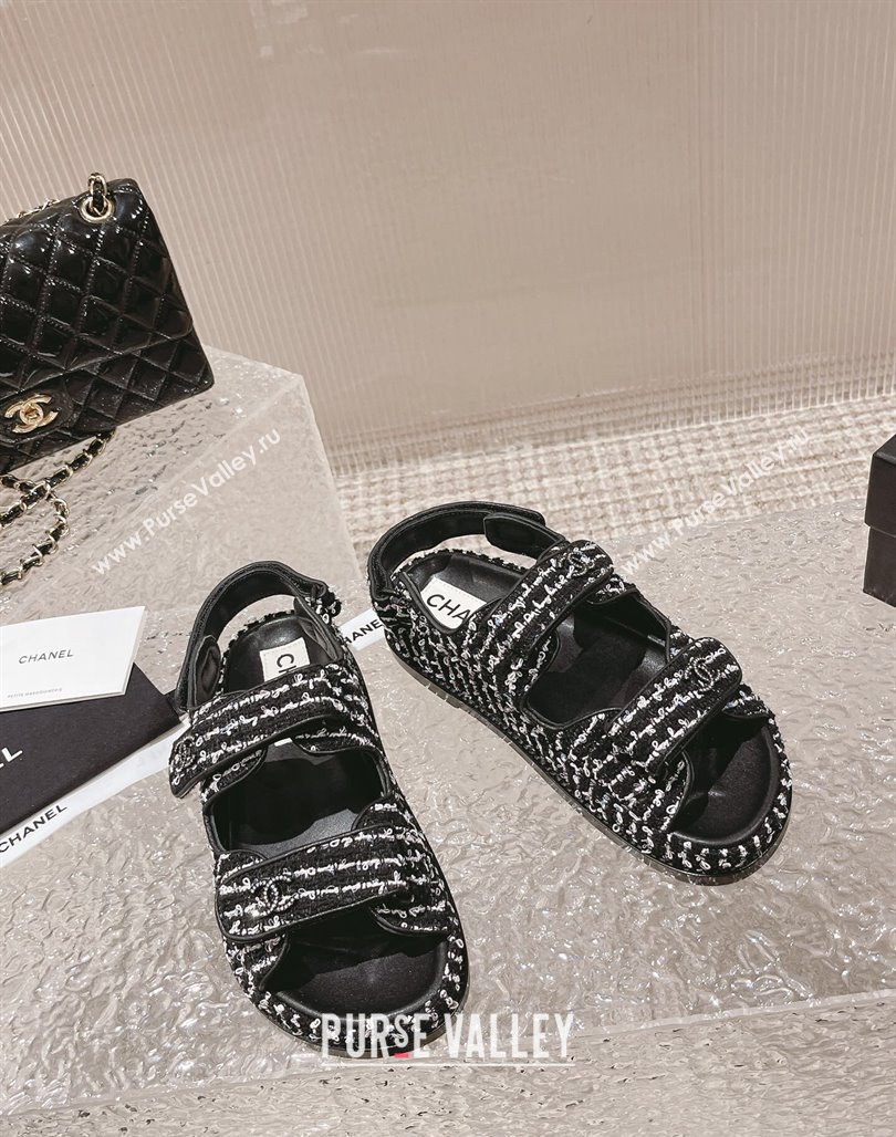 Chanel Tweed Strap Flat Sandals White/Black 2023 0108 (MD-240108047)