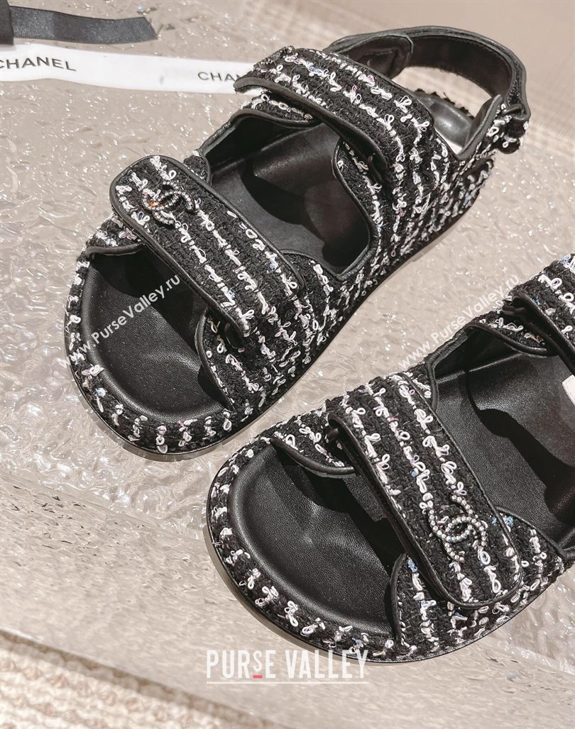 Chanel Tweed Strap Flat Sandals White/Black 2023 0108 (MD-240108047)
