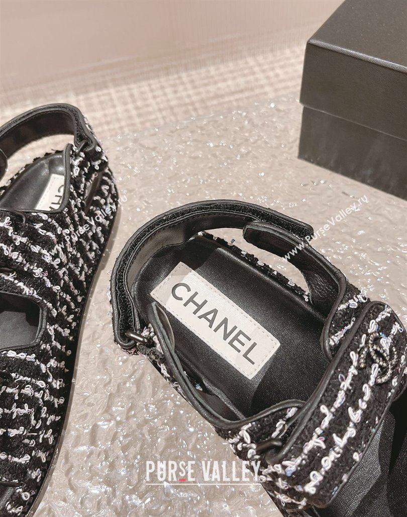 Chanel Tweed Strap Flat Sandals White/Black 2023 0108 (MD-240108047)