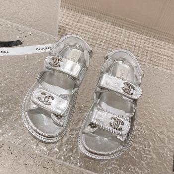 Chanel Metallic Leather Strap Flat Sandals Silver 2023 0108 (MD-240108048)
