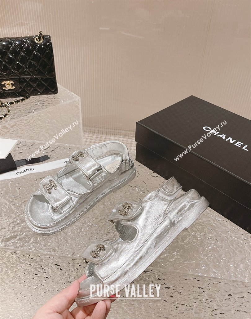 Chanel Metallic Leather Strap Flat Sandals Silver 2023 0108 (MD-240108048)