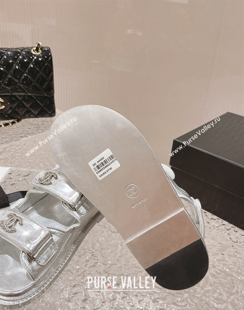 Chanel Metallic Leather Strap Flat Sandals Silver 2023 0108 (MD-240108048)