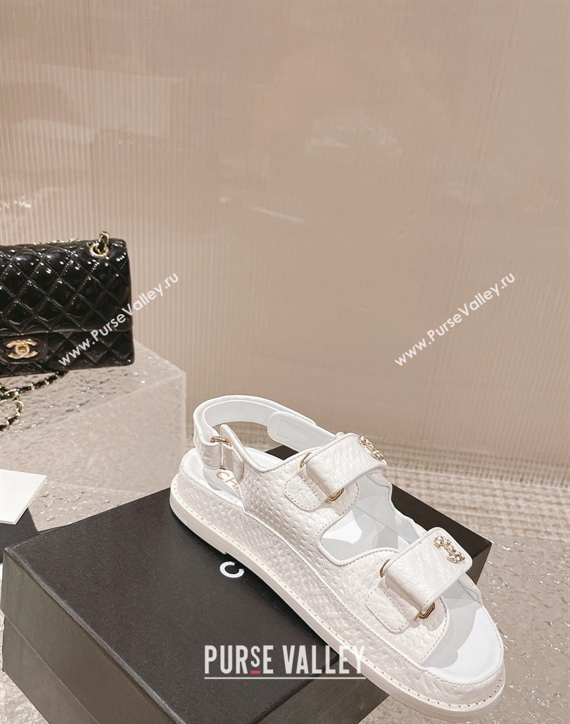 Chanel Stone Embossed Leather Strap Flat Sandals White 2023 0108 (MD-240108050)