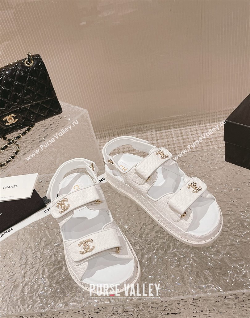 Chanel Stone Embossed Leather Strap Flat Sandals White 2023 0108 (MD-240108050)
