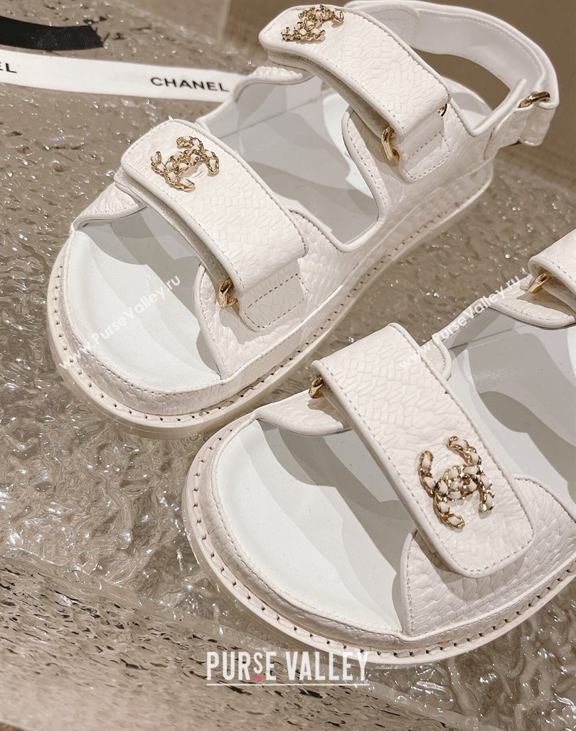 Chanel Stone Embossed Leather Strap Flat Sandals White 2023 0108 (MD-240108050)