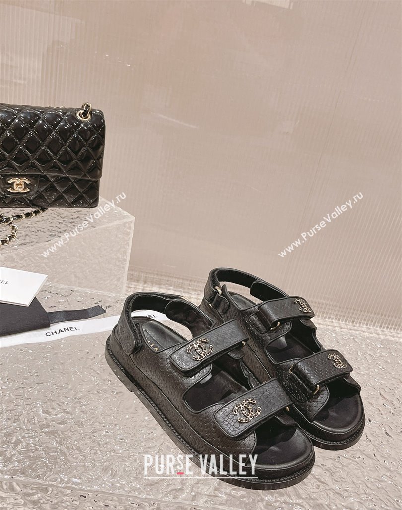 Chanel Stone Embossed Leather Strap Flat Sandals Black 2023 0108 (MD-240108051)