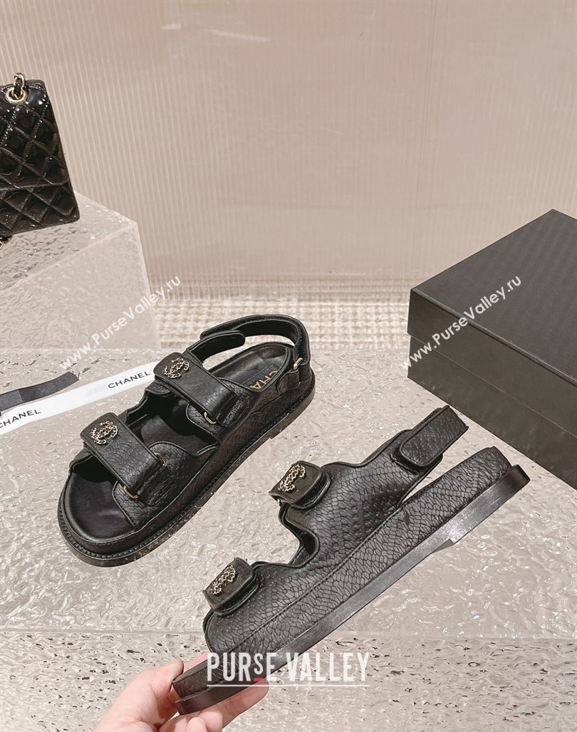 Chanel Stone Embossed Leather Strap Flat Sandals Black 2023 0108 (MD-240108051)