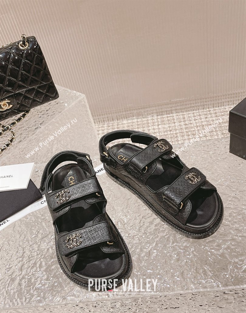 Chanel Stone Embossed Leather Strap Flat Sandals Black 2023 0108 (MD-240108051)