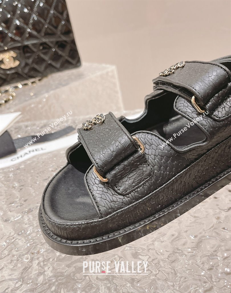 Chanel Stone Embossed Leather Strap Flat Sandals Black 2023 0108 (MD-240108051)