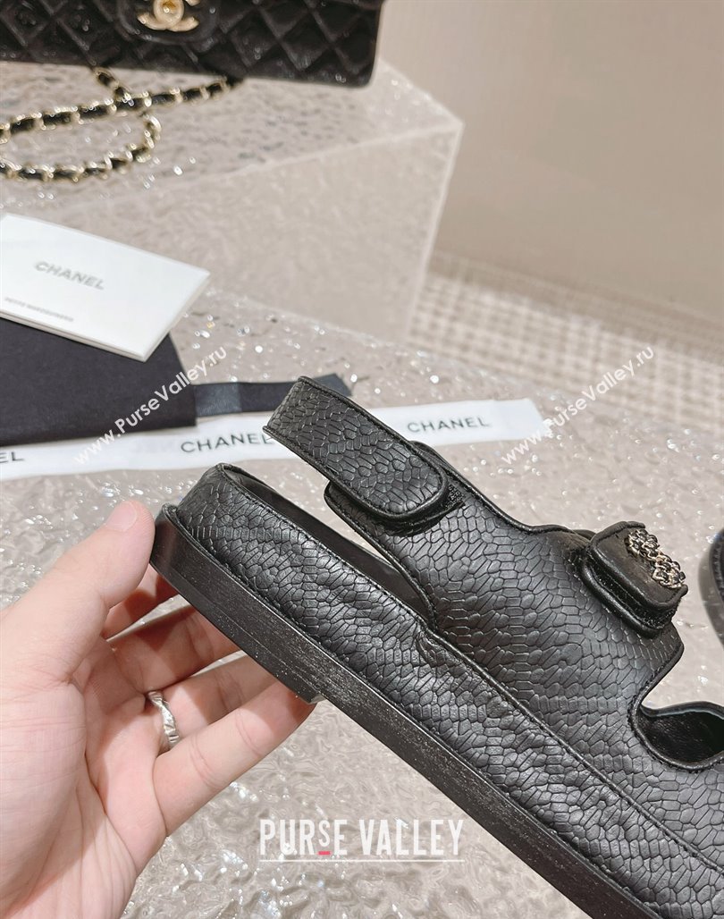 Chanel Stone Embossed Leather Strap Flat Sandals Black 2023 0108 (MD-240108051)