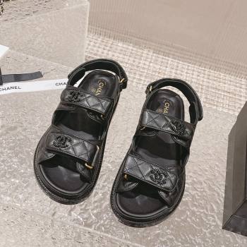 Chanel Grained Calfskin Strap Flat Sandals with Chain CC All Black 2023 0108 (MD-240108052)