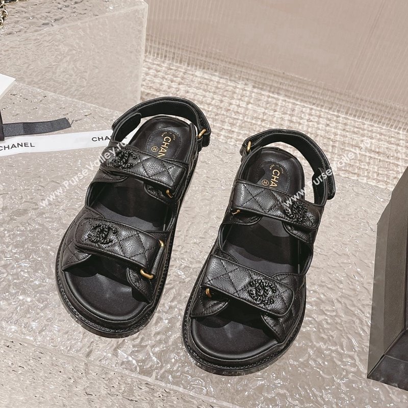 Chanel Grained Calfskin Strap Flat Sandals with Chain CC All Black 2023 0108 (MD-240108052)