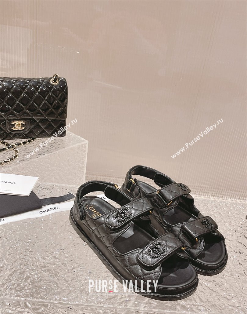 Chanel Grained Calfskin Strap Flat Sandals with Chain CC All Black 2023 0108 (MD-240108052)