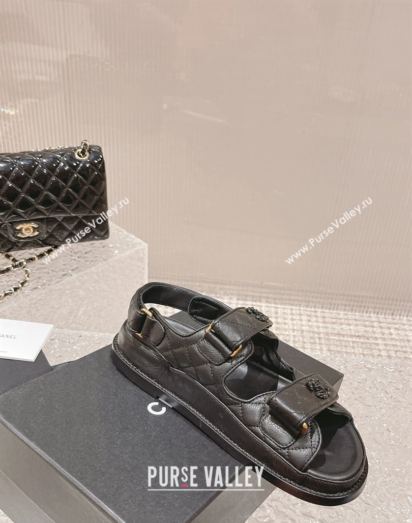 Chanel Grained Calfskin Strap Flat Sandals with Chain CC All Black 2023 0108 (MD-240108052)