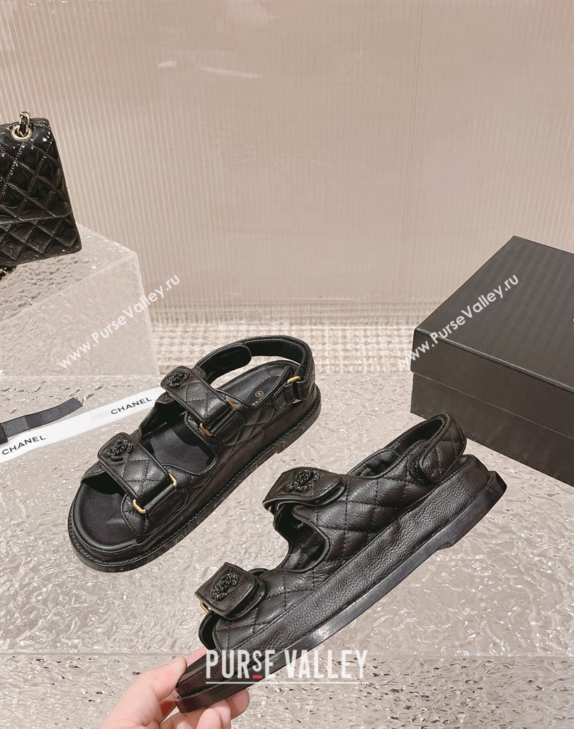 Chanel Grained Calfskin Strap Flat Sandals with Chain CC All Black 2023 0108 (MD-240108052)