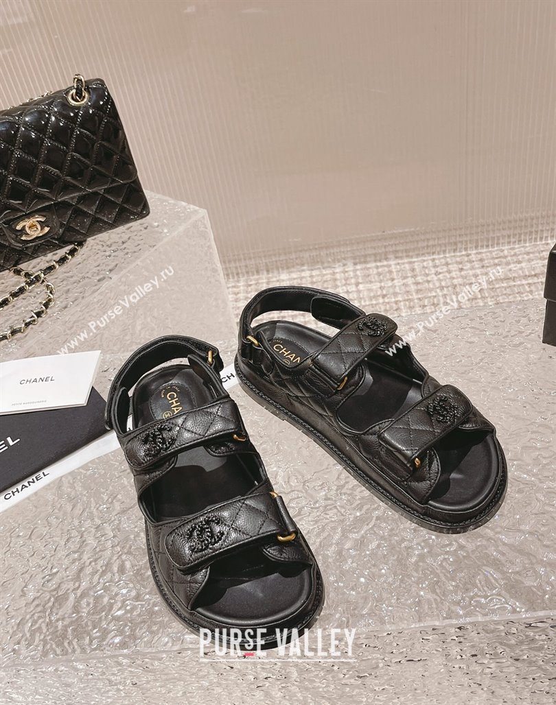 Chanel Grained Calfskin Strap Flat Sandals with Chain CC All Black 2023 0108 (MD-240108052)