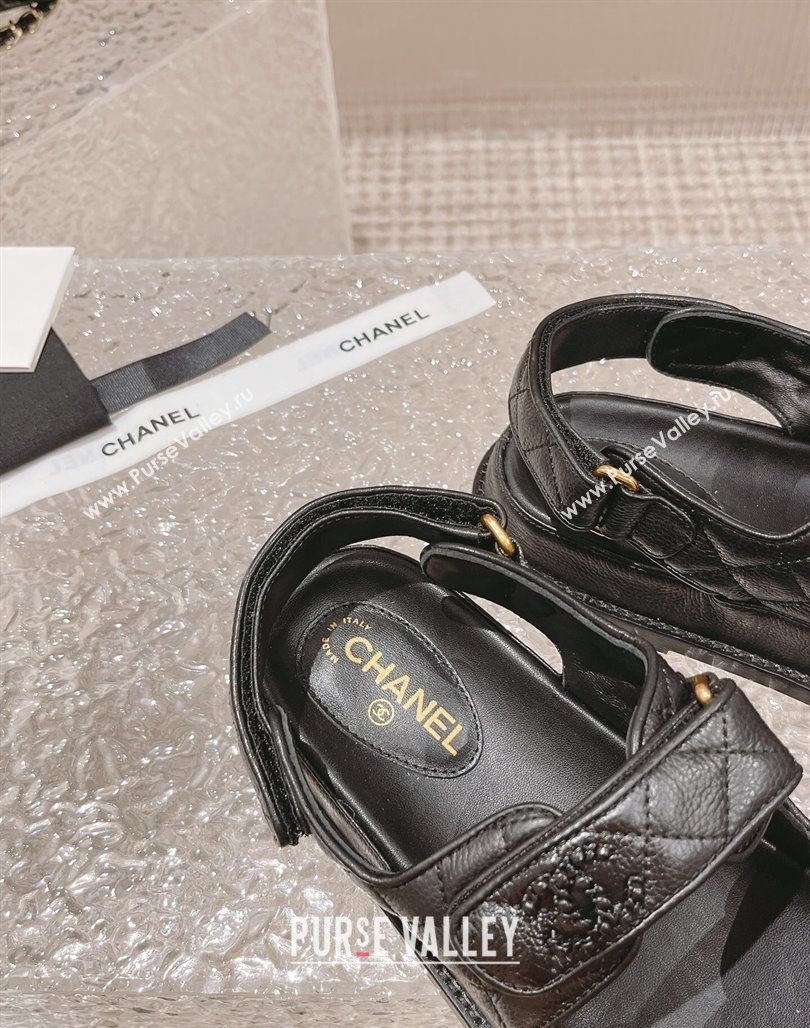 Chanel Grained Calfskin Strap Flat Sandals with Chain CC All Black 2023 0108 (MD-240108052)