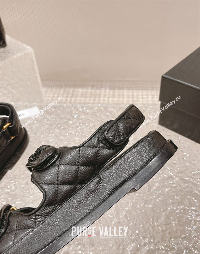 Chanel Grained Calfskin Strap Flat Sandals with Chain CC All Black 2023 0108 (MD-240108052)