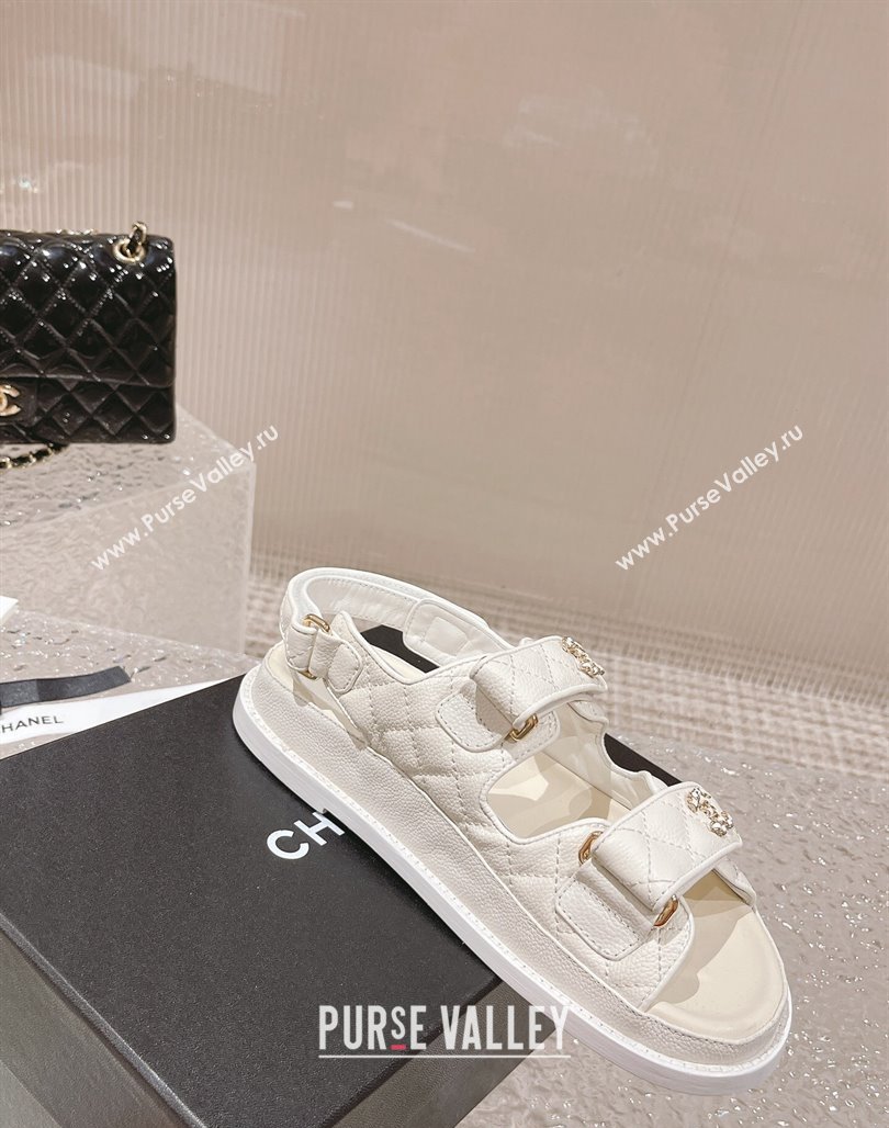 Chanel Grained Calfskin Strap Flat Sandals with Chain CC White 2023 0108 (MD-240108053)