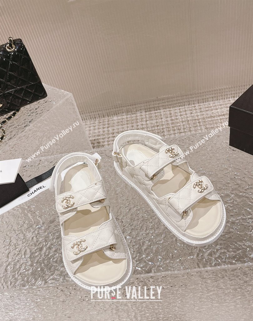 Chanel Grained Calfskin Strap Flat Sandals with Chain CC White 2023 0108 (MD-240108053)