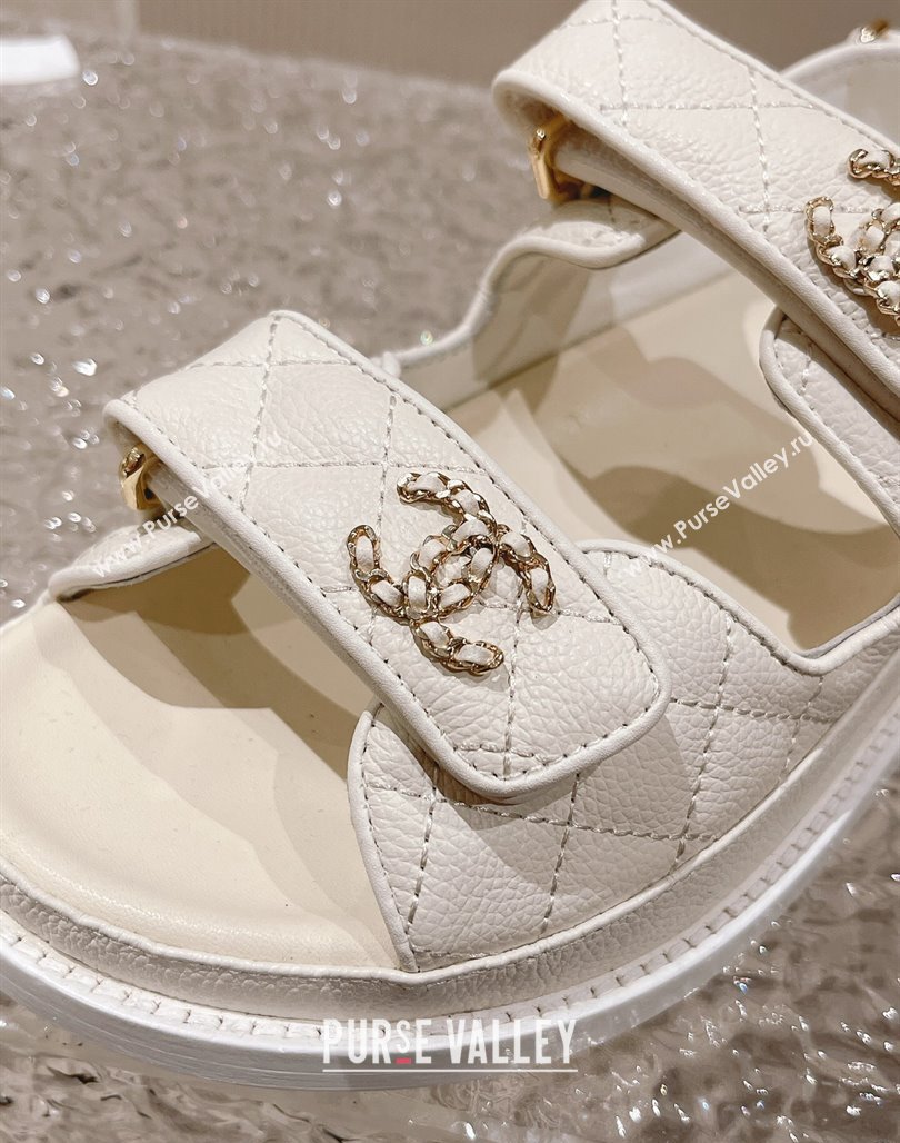 Chanel Grained Calfskin Strap Flat Sandals with Chain CC White 2023 0108 (MD-240108053)