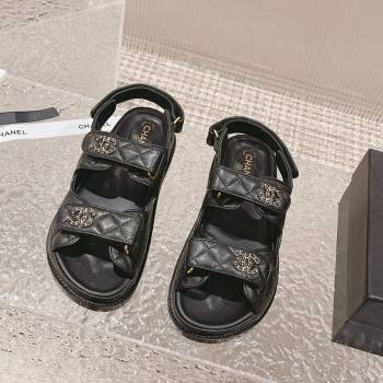 Chanel Grained Calfskin Strap Flat Sandals with Chain CC Black/Gold 2023 0108 (MD-240108054)