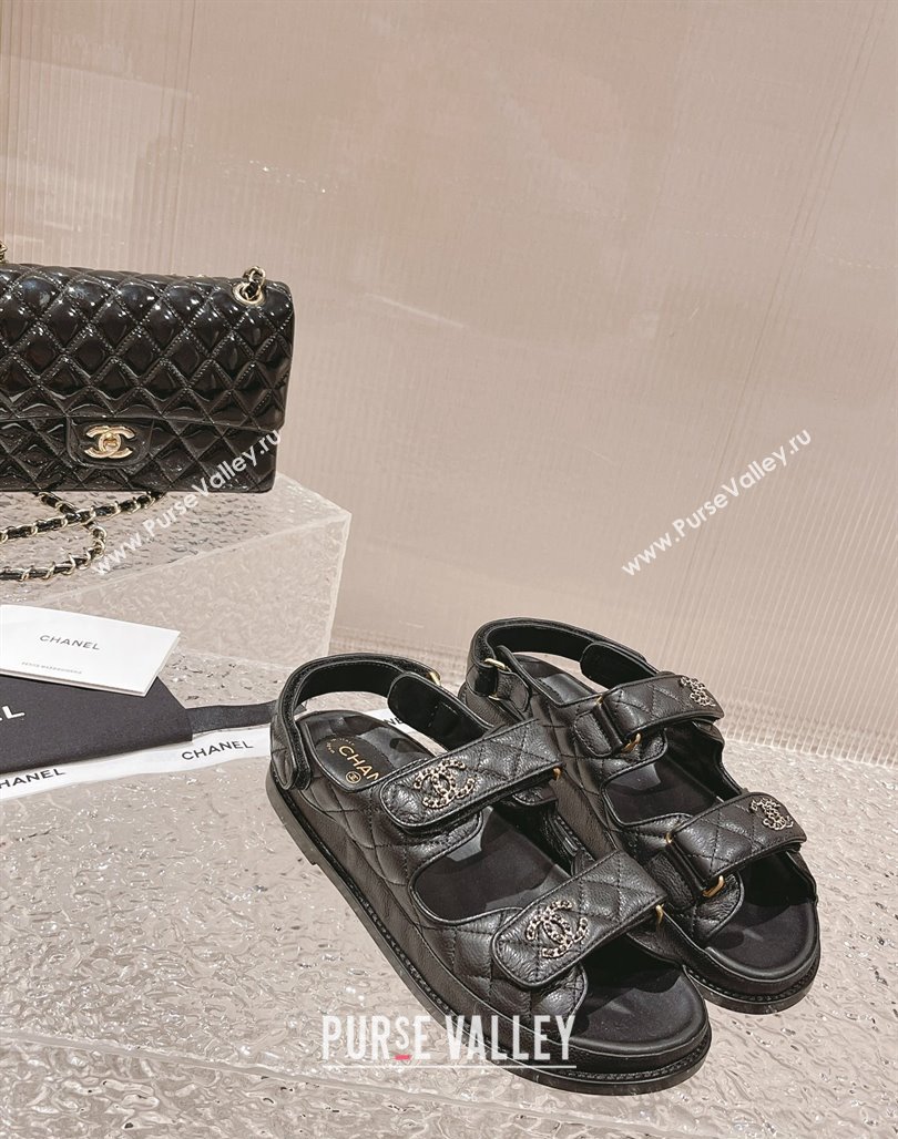 Chanel Grained Calfskin Strap Flat Sandals with Chain CC Black/Gold 2023 0108 (MD-240108054)