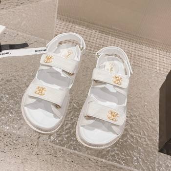 Chanel Knitwear Strap Flat Sandals with Pearls CC G35927 White 2023 (MD-240108055)