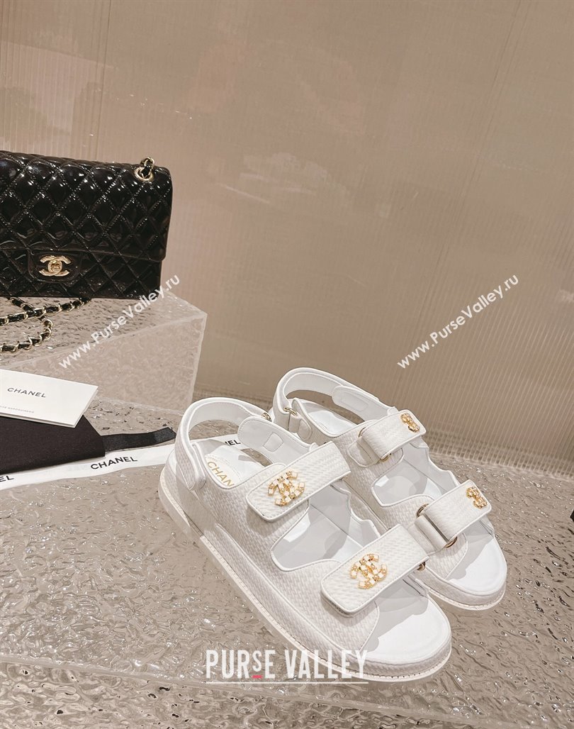 Chanel Knitwear Strap Flat Sandals with Pearls CC G35927 White 2023 (MD-240108055)